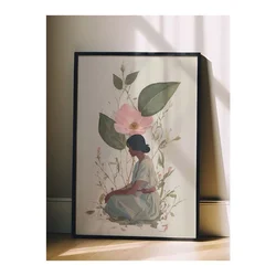WallXpert uramljena slika 115240, žena u zelenoj haljini ispod ružičastog cveta divlje ruže, 50 x 70 cm, crni ram