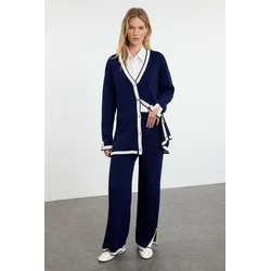 Trendyol Navy Blue Color Blocked Knitwear Cardigan Trousers Bottom-Top Set