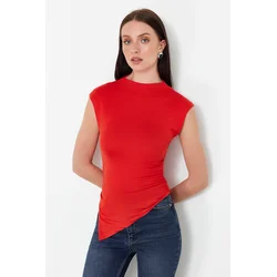Trendyol Red High Neck Short Sleeve Gathered/Drape Detail Asymmetric Knitted Blouse