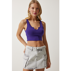 Happiness Istanbul Womens Purple Strap Crop Knitted Blouse