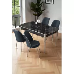 HANAH HOME Rasklopivi trpezarijski sto i stolice (5 delova) Nira Black Marble Chrome Anthracite