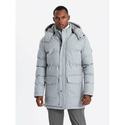 Ombre Warm mens long parka jacket with wool - light grey melange
