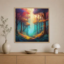 WallXpert uramljena slika na platnu Cc-K-Ah-1009, šarena bajkovita šuma sa zracima svetlosti, 60 x 60 cm