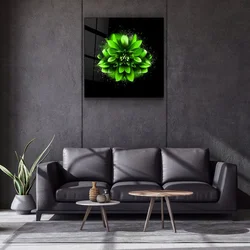 WallXpert slika na kaljenom staklu Kgls_3092, zeleni cvet na crnoj pozadini, 40 x 40 cm