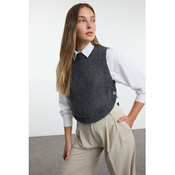 Trendyol Anthracite Crop Soft Texture Buttoned Knit Sweater