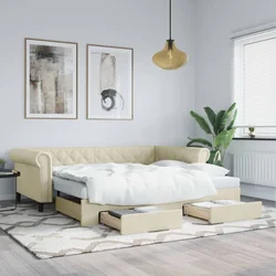 Greatstore Izvlečna dnevna postelja s predali krem 90x200 cm umetno usnje