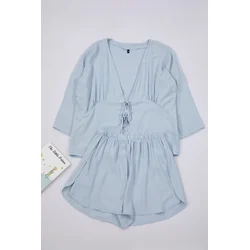 Trendyol Blue Tie/Ribbon Bow/Detailed Viscose Woven Pajama Set