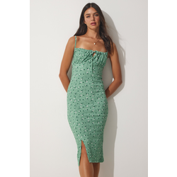Happiness Istanbul Womens Turquoise Floral Pleated Collar Summer Knitted Dress