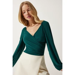 Happiness Istanbul Womens Emerald Green Elastic Balloon Sleeve Sandy Knitted Blouse