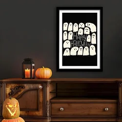 WallXpert uramljena slika 3752HALCT-006, natpis Happy Halloween sa duhovima na crnoj pozadini, 37 x 52 cm, crni ram