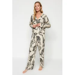 Trendyol Cream Leopard Patterned Viscose Shirt-Pants Woven Pajama Set