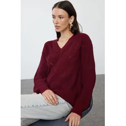Trendyol Burgundy Openwork/Hole V Neck Knitwear Sweater