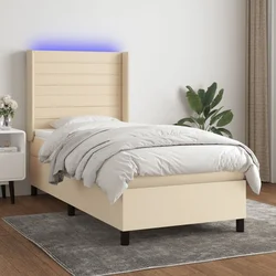 Greatstore Box spring postelja z vzmetnico LED krem 100x200 cm blago