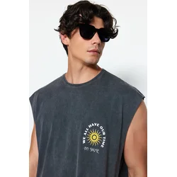 Trendyol Anthracite Oversize/Wide Cut Faded Effect Text Print 100% Cotton T-Shirt/Athlete