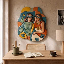 WallXpert MDF zidna slika nepravilnog oblika ART3DCNCMDL11, dve žene sa naočarima u šarenom apstraktnom stilu, 50 x 43 cm