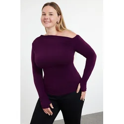 Trendyol Curve Plum Gathered One Shoulder Knitted Plus Size Blouse