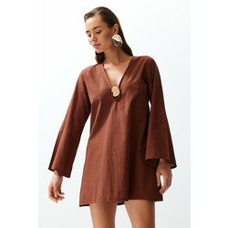 Trendyol Brown Mini 100% Cotton Beach Dress with Woven Accessories