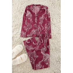 Trendyol Claret Red Animal Patterned Viscose Woven Pajama Set