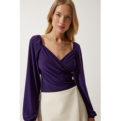 Happiness Istanbul Womens Purple Elastic Balloon Sleeve Sandy Knitted Blouse