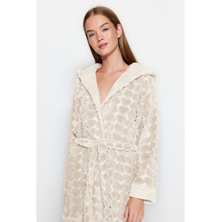 Trendyol Ecru Belted Heart Patterned Fleece Knitted Dressing Gown