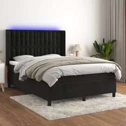 Greatstore Box spring postelja z vzmetnico LED črna 140x200 cm žamet