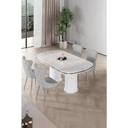 Hanah Home trpezarijski set Galya, sto i 4 stolice, ploča u dekoru belog mermera, hromirane noge, siva tkanina Babyface