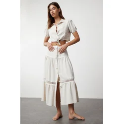 Trendyol Beige Crop Tie-Up Woven Blouse