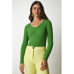 Happiness Istanbul Womens Light Green V-Neck Corduroy Basic Blouse
