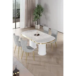 Hanah Home trpezarijski set Galya, sto i 4 stolice, ploča u dekoru belog mermera, zlatne noge, siva tkanina Babyface