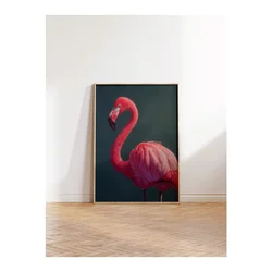 WallXpert uramljena slika 115228, ružičasti flamingo na tamnozelenoj pozadini, 50 x 70 cm, ram u boji prirodnog drveta
