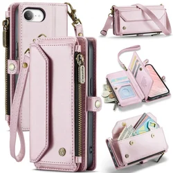 CaseMe Ovitek za iPhone 17e / 16e, usnjena denarnica z RFID, z naramnim trakom, roza