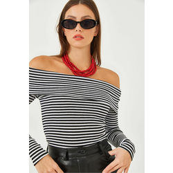 Bianco Lucci Womens Madonna Collar Striped Ribbed Long Sleeve Blouse
