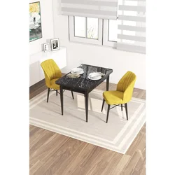 Hanah Home trpezarijski set Arp, sto i 2 stolice, ploča u dekoru crnog mermera, senf žuta tkanina Babyface