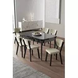 HANAH HOME Rasklopivi trpezarijski sto i stolice (7 delova) Exve Black Marble Cream
