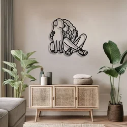WallXpert metalni zidni ukras DCV-1036-MT, devojka grli psa, linijski motiv, 50 x 45 cm, crni
