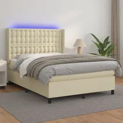 Greatstore Box spring postelja z vzmetnico LED krem 140x190cm umetno usnje