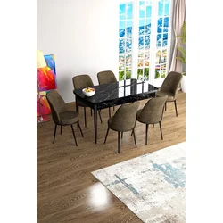 Hanah Home Set Trpezarijski sto i 6 stolica Han, Braon-crni