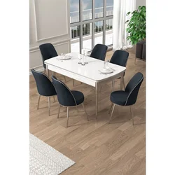 Hanah Home trpezarijski set Pale, sto na razvlačenje i 6 stolica, bela ploča, hromirane noge, antracit tkanina Babyface