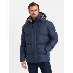 Ombre Mens puffer jacket with check lining - navy blue