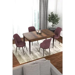 Hanah Home trpezarijski set Via, sto na razvlačenje i 4 stolice, ploča u dekoru drveta Baroque, puder roze tkanina Jerry