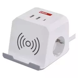 Podaljšek - kocka 2 m/2 vtičnice/beli/2×USB-A+1×USB-C+Qi/1,5 mm2