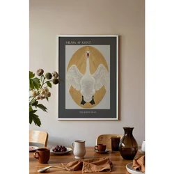 WallXpert uramljena slika 115230, The White Swan Hilme af Klint, beli labud u zlatnom ovalu, 30 x 40 cm, beli ram