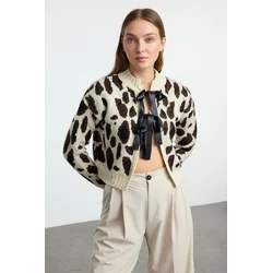 Trendyol Stone Leopard Patterned Crop Knitwear Cardigan