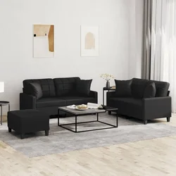 3-dijelni set sofa s jastucima crna od umjetne kože