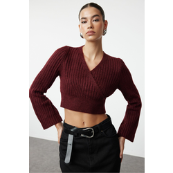 Trendyol Claret Red Crop Soft Textured Double Breasted Knitwear Sweater