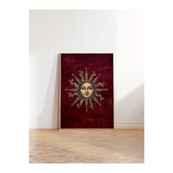 WallXpert uramljena slika 115256, zlatno sunce sa licem na bordo pozadini, 30 x 40 cm, ram u boji prirodnog drveta