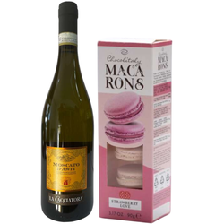Caldirola Penušavo vino Moscato Dasti La Cacciatora, 0.75l i Chocolitaly Macarons jagoda Love 90gr