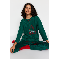 Trendyol Green New Year Themed Fleece Tshirt-Pants Knitted Pajama Set
