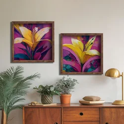 WallXpert set uramljenih MDF slika DOS082-33, žuti ljiljani na ciklama pozadini, 2 x 34 x 34 cm