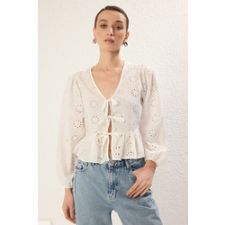 Trendyol White Embroidery Fabric Binding Detailed Regular Regular Pattern Woven Shirt